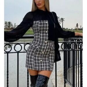 Zara Dress Small Black White Contrasting Tweed Mini Sheer Sleeves